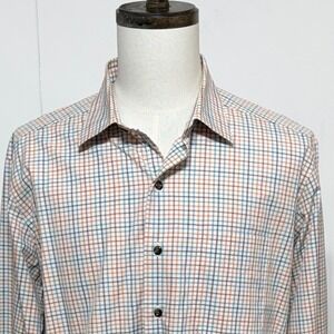David Donahue Shirt Mens XL Orange Blue Plaid Button Up Long Sleeve Office